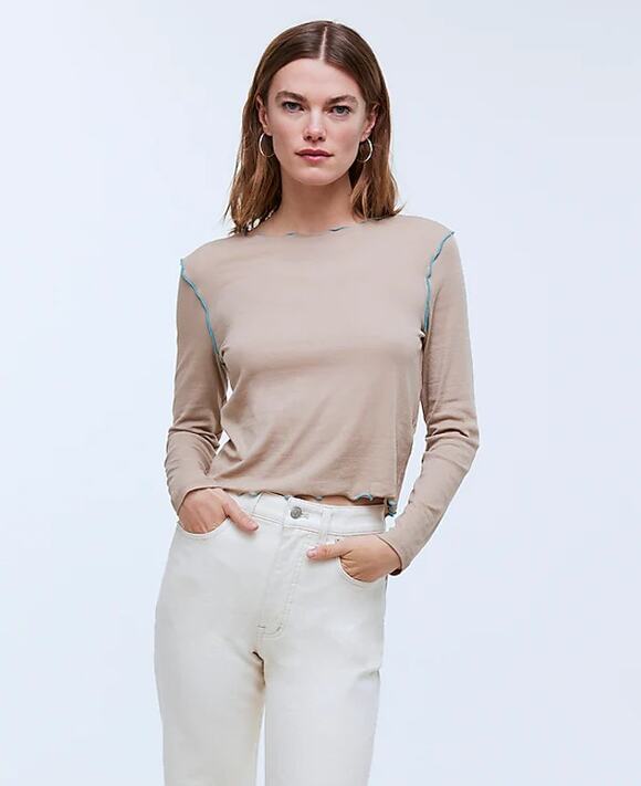 Madewell Tops - Madewell Contrast-Stitched Crewneck Crop Tee dark oat XXS